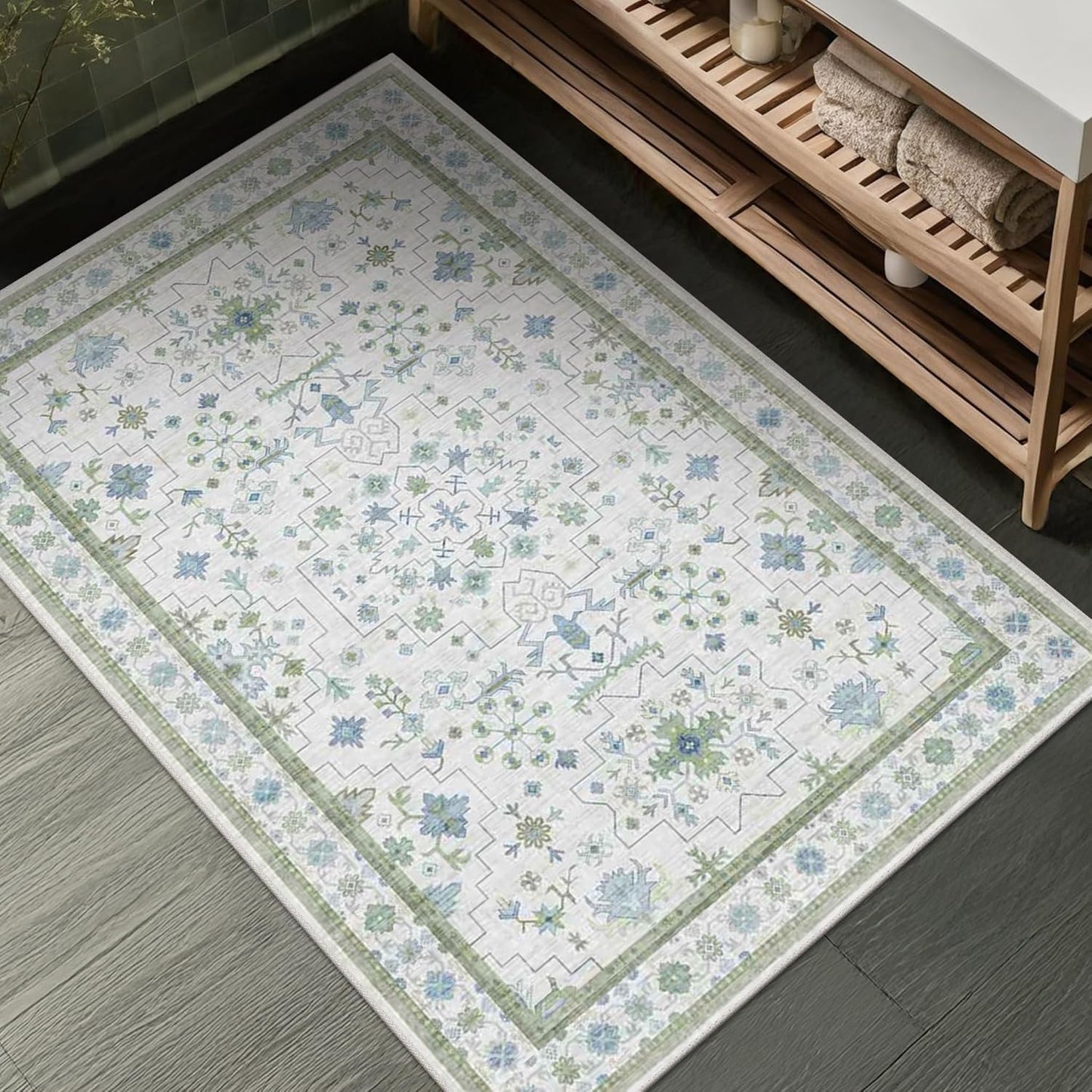 Oushak Washable Boho Bathroom Rug - Small 2x3 Area Rug in Blue and Green | Non-Slip, Stain Resistant, Low Pile