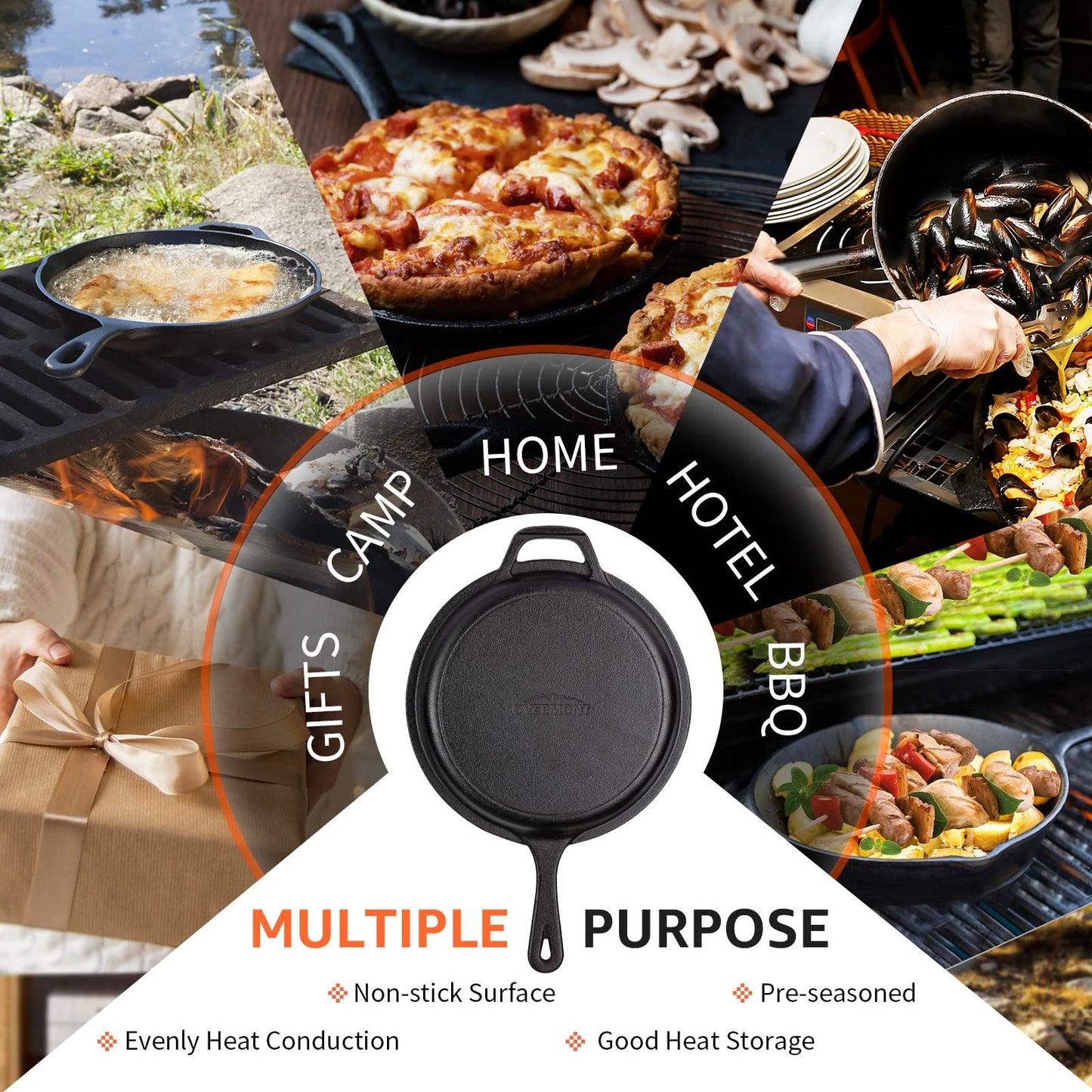 Overmont Cast Iron Skillet with Lid - 2-in-1 Cast Iron Dutch Oven - 3.2QT Deep Pot with Frying Pan - Pre-seasoned Cookware Multi Cooker Skillet - Dutch Oven Pot with Recipe for Grill Induction Stovetop Camping(10.5")