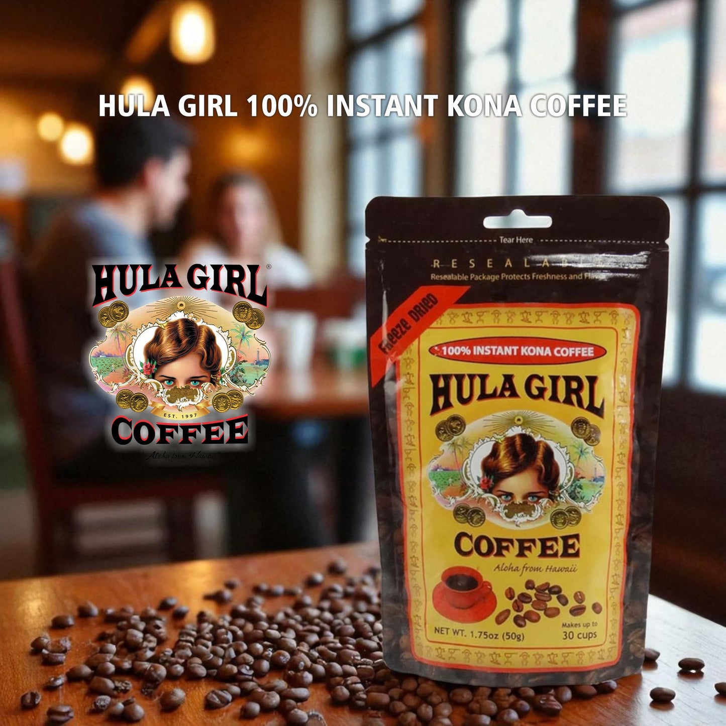 KONA COFFEE 100% - Premium Freeze Dried Instant - Low Acid - Medium Roast Arabica, 1.5oz (1 Pack | 25 Servings) KONA COFFEE 100% - Low Acid Coffee - Servings) Hula Girl the Store