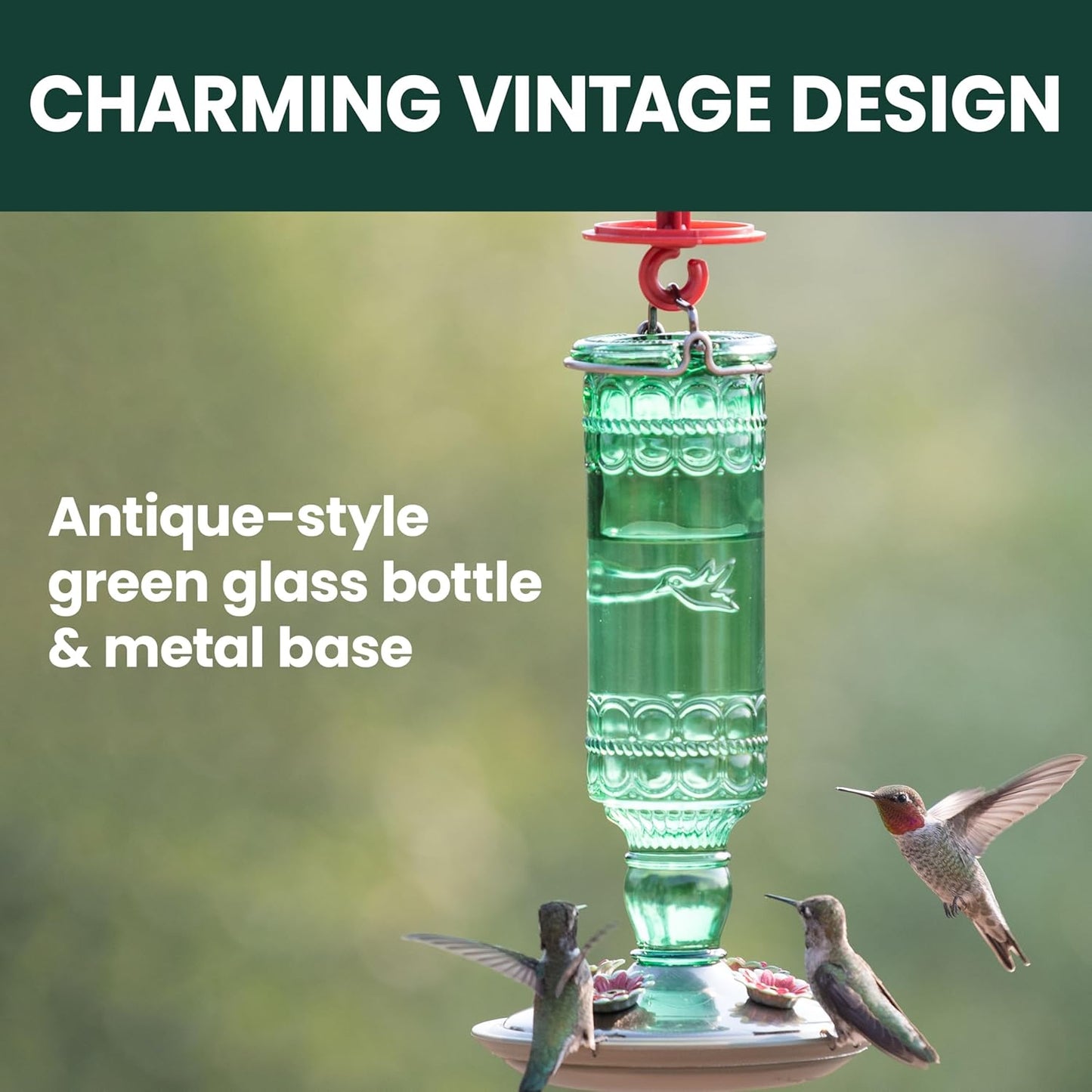 Perky-Pet Hummingbird Feeder - Durable Glass Bottle with 10 Fl Oz Nectar Capacity | Antique Green Design for Outdoor Garden Decor