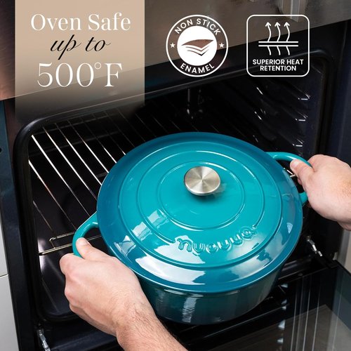 Cast Iron Dutch Oven with Lid – Non-Stick Ovenproof Enamelled Casserole Pot – Sturdy Dutch Oven Cookware – Teal, 7.3-Quart, 30cm – by Nuovva