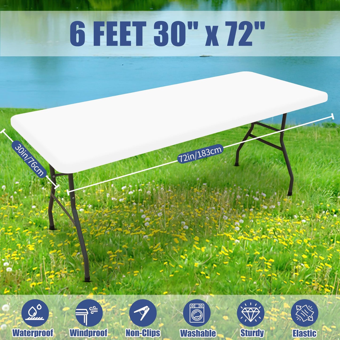 Moosfor Spandex 6 Foot Rectangle Table Cloth 4 Pack, Elastic Fitted Tablecloths for Picnic, Stretch Washable Patio Table Cover for Outdoor, Camping, Banquet and Parties (White, 30"x72")