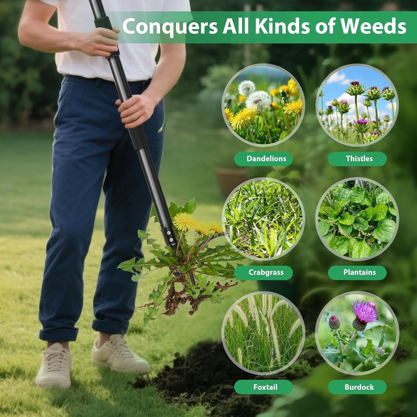 Skiennix 4-Claw Steel Weed Puller Tool - Heavy Duty 46” Stand Up Weeder for Easy Weed Removal (Black)