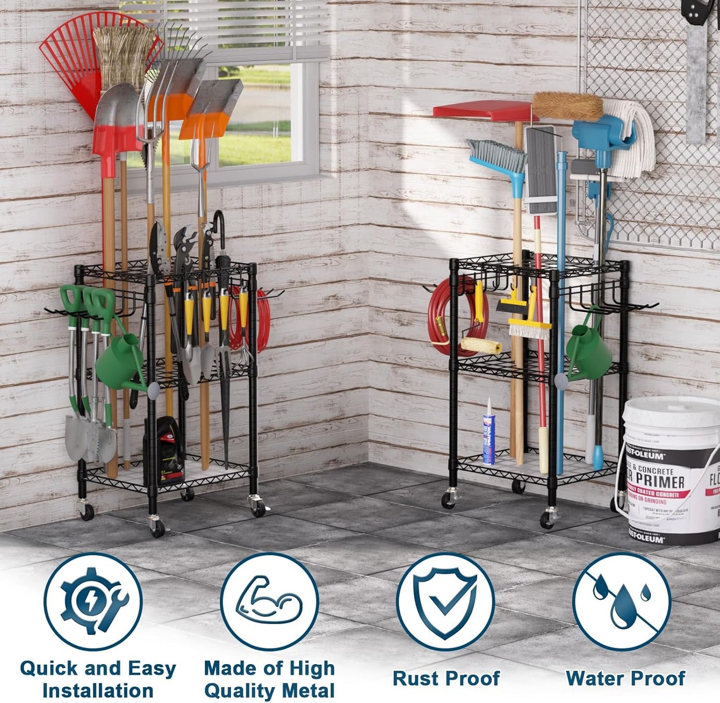 T1 Garden Tool Organizer - Heavy Duty Freestanding Storage with Lockable Wheels | Holds Up to 50 Tools, Black