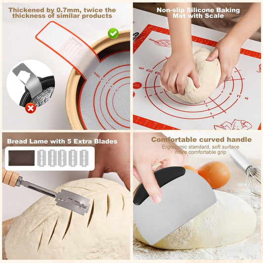 Tunyet Sourdough Bread Baking Supplies, Banneton Bread Proofing Basket, 10 Inch Oval & Round Bread Baskets with Liners & Covers, Sourdough Starter Kit