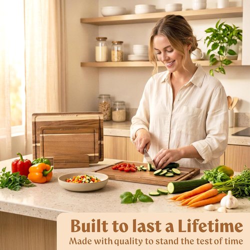 Acacia Wood Cutting Board Set - Non-Toxic, Durable Chopping Boards with Deep Juice Groove | 3-Piece Set for Meat, Cheese & Vegetables