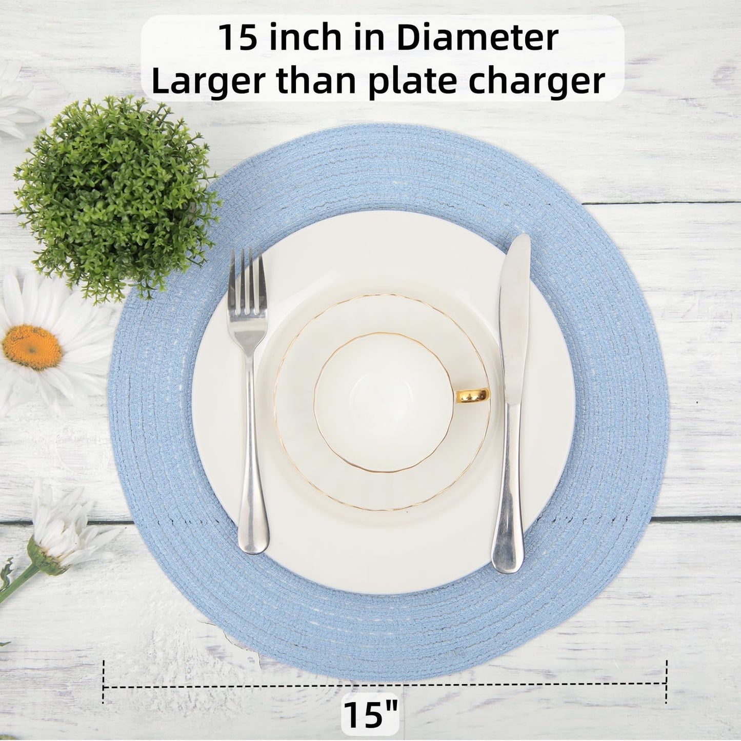 SHACOS Round Braided Placemats Set of 8 Washable 15 inch Round Non Slip Table Place Mats for Dining Tables Wedding Party Decor (Light Blue, 8)