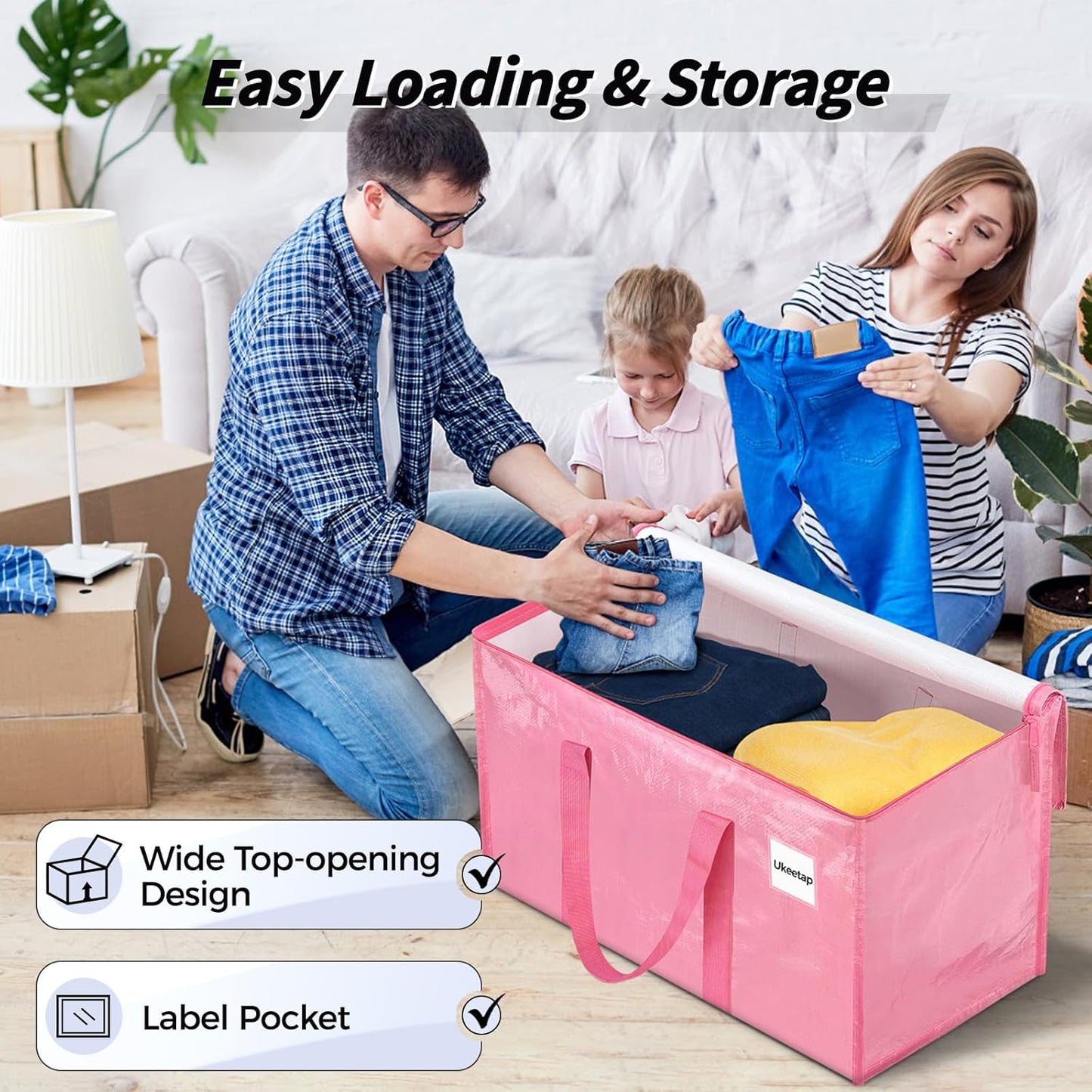 Skiennix Extra Large Heavy-Duty Moving Bags - 8 Pack Pink Storage Bins with Lids & Reinforced Handles