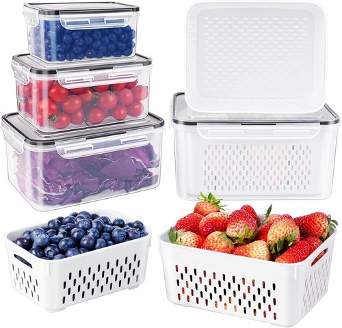 Freshmage Fruit Storage Containers - Airtight Produce Saver with Removable Colander | 4-Piece Set, Clear