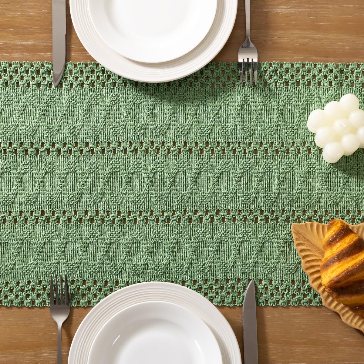 Socomi Sage Green Boho Table Runner Macrame Easter Spring Farmhouse Woven Cotton Linen Rustic Coffee Table Runner with Tassels for Dresser Scarf Home Decor Dining Room 12x90 inch