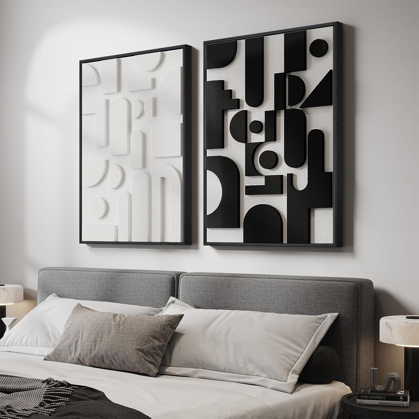 Skiennix 3D Textured Black and White Abstract Wall Art - Set of 2 Modern Paintings for Living Room | 24x36 In