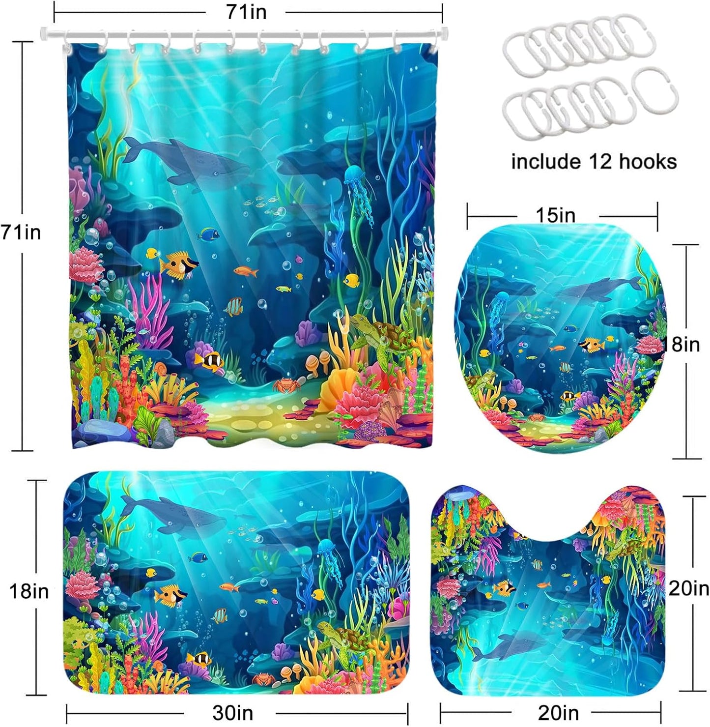 Skiennix Ocean Shower Curtain Set - Tropical Underwater World with Non-Slip Bath Rugs | 4-Piece Kids Bathroom Decor