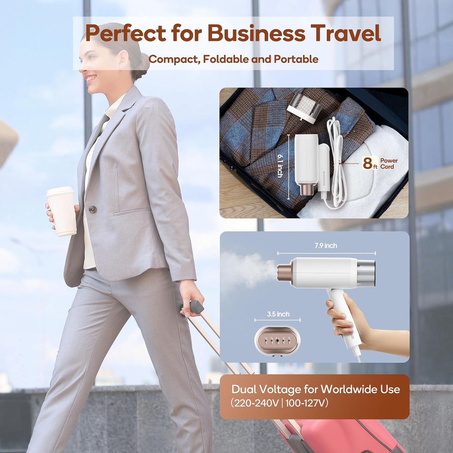 Newbealer Professional Travel Steamer - 1200W Dual Voltage, Fast 20s Heat Up, Foldable & Lightweight (Gold)