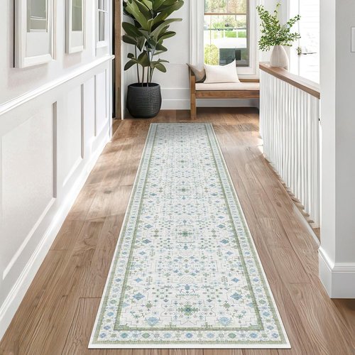 Hazo Haus Oushak Hallway Runner Rug - Vintage Turkish Floral Design, Washable Low Pile | 2'6"x10' - Blue & Green