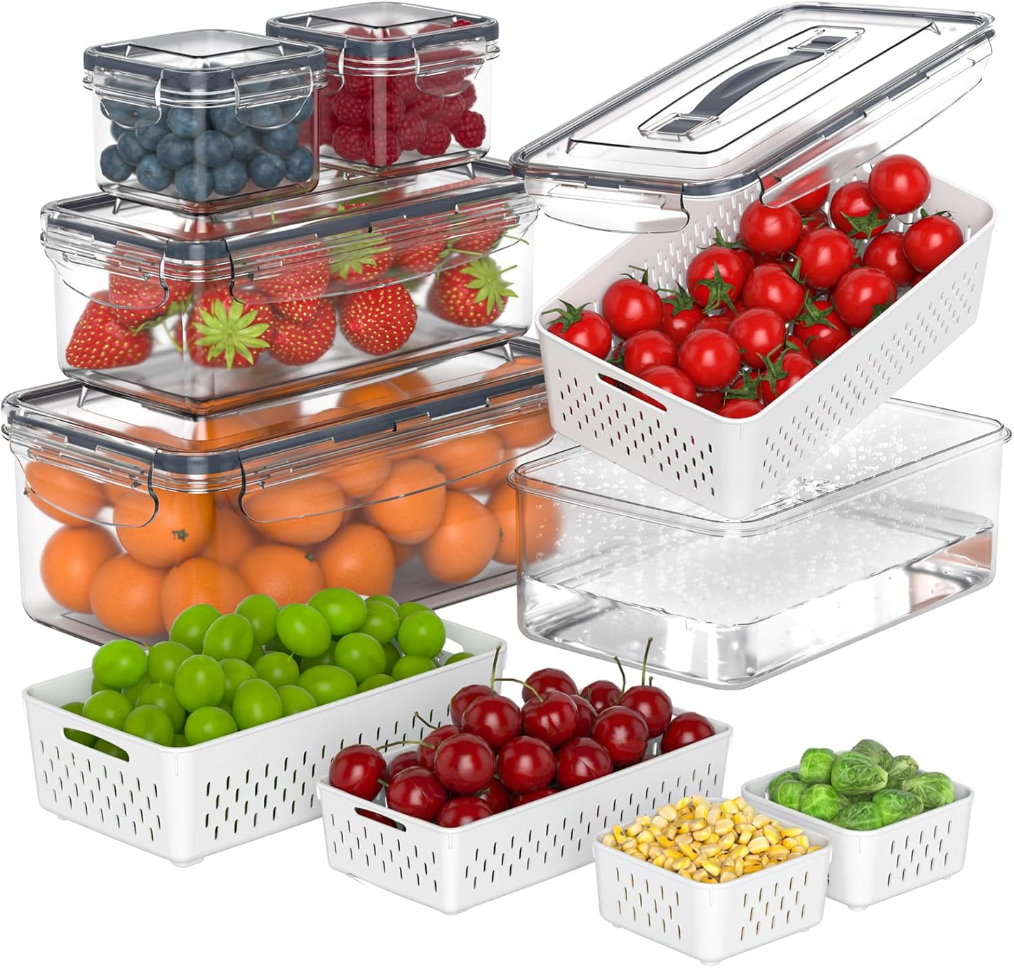 Skiennix Fruit Storage Containers - 5 Pcs Airtight Fridge Organizers with Removable Colander & Handle Lid