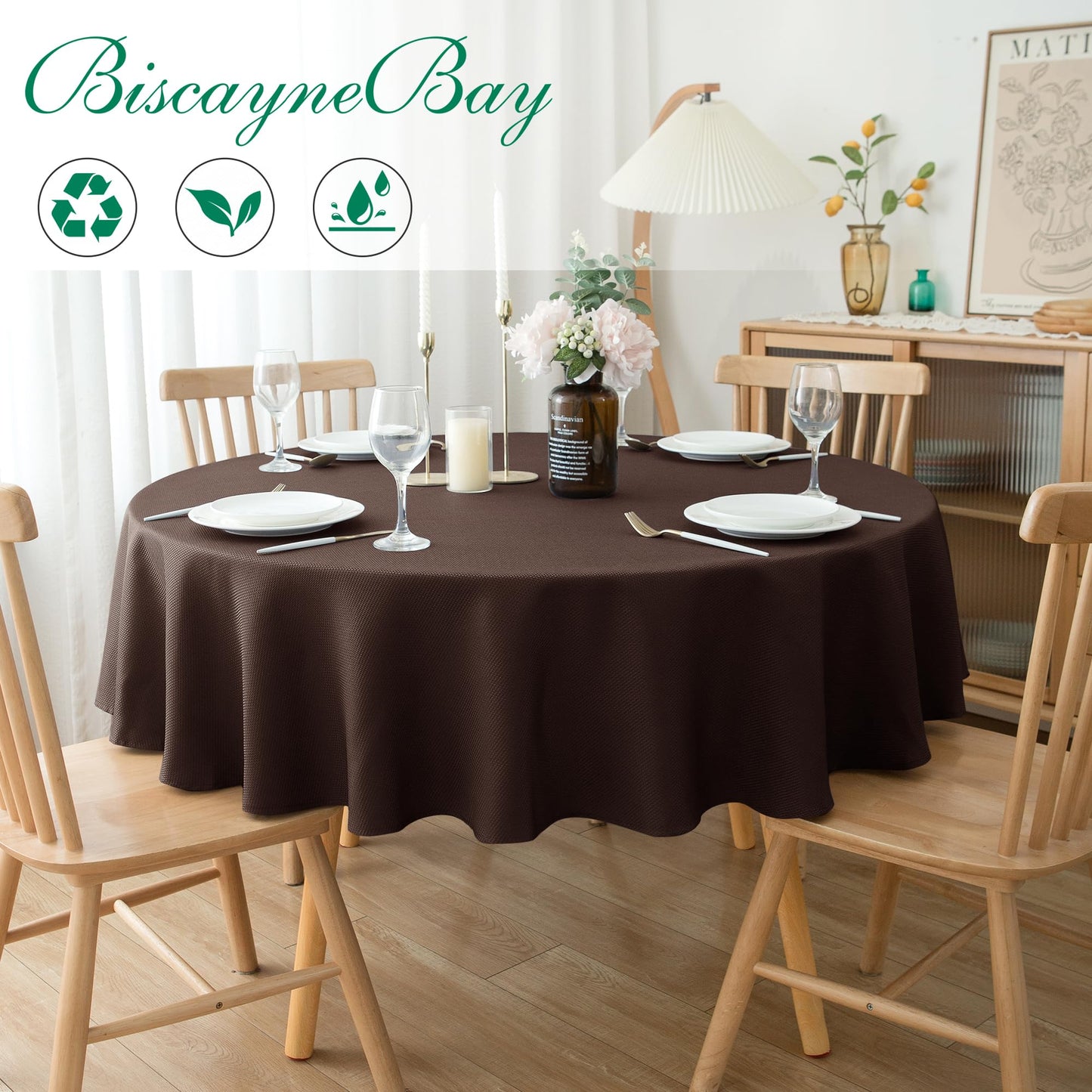 Biscaynebay Textured Fabric Round Tablecloths 70", Brown Water Resistant Table Cloth Circle Folding Table Covers for Dining, Kitchen, Wedding, Parties etc. Machine Washable