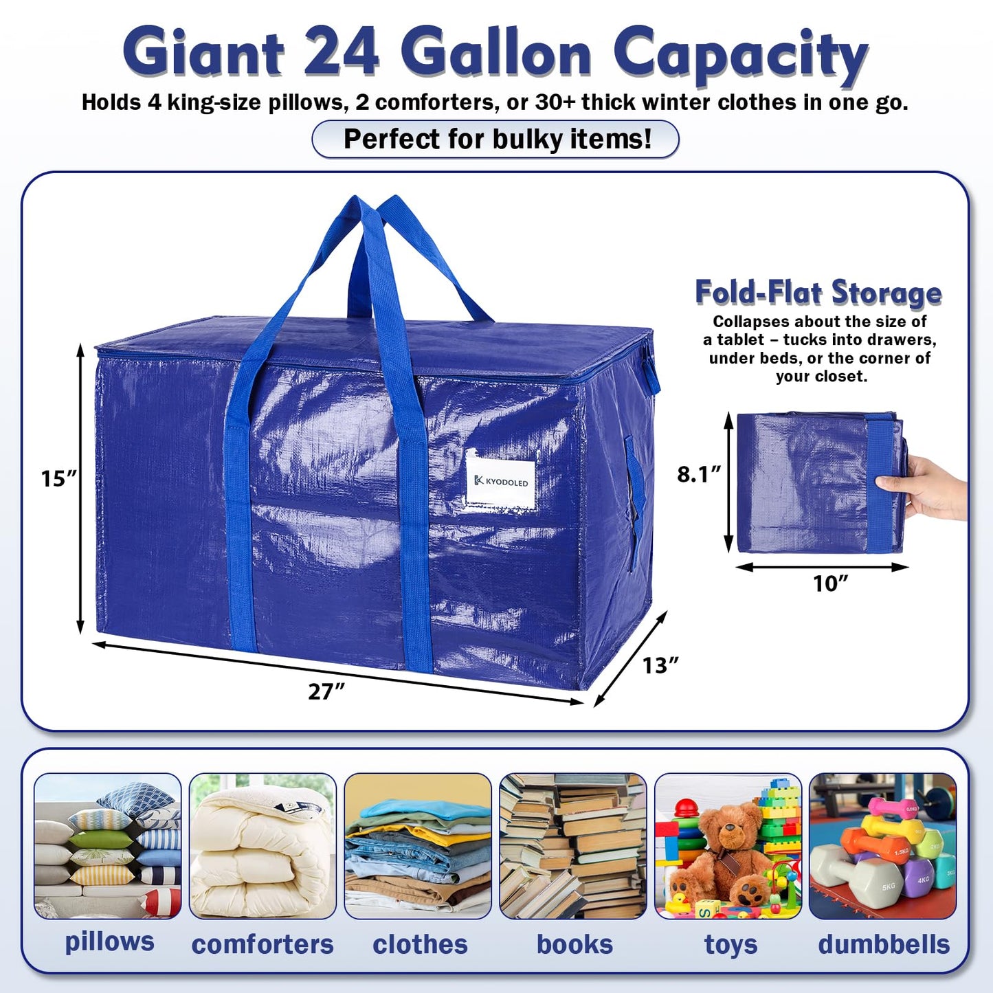 KYODOLED 6 Pack Extra Heavy Duty Blue Moving Bags - Large Move In & Packing Bags for College Students, Sturdy Storage Totes with Strong Zipper & Comfortable Handles for Clothes Storage