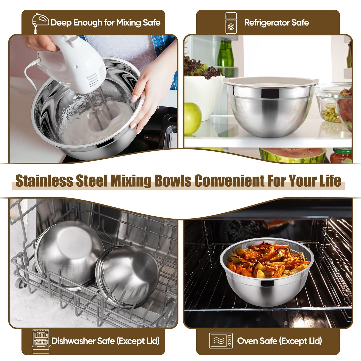 P&P CHEF Mixing Bowls with Airtight Lids Set of 5, 10-Piece Stainless Steel Mixing Nesting Bowl, Metal Bowl with Lid for Kitchen Prepping & Storing, Size 4.6, 3, 1.5, 1, 0.7 QT, Khaki