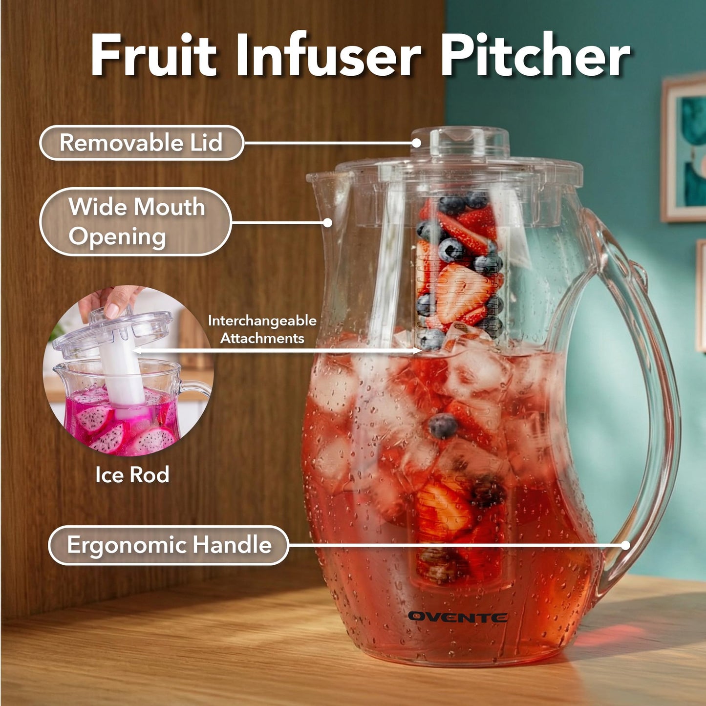 OVENTE Fruit Infusion Water Pitcher 2.5L/85Oz with Removable Lid and Infuser Rod, BPA-Free, Shatterproof Acrylic Beverage Jug for Flavor-Infused Drinks, Lemonade, Juice and Iced Tea, Clear PIA0852C