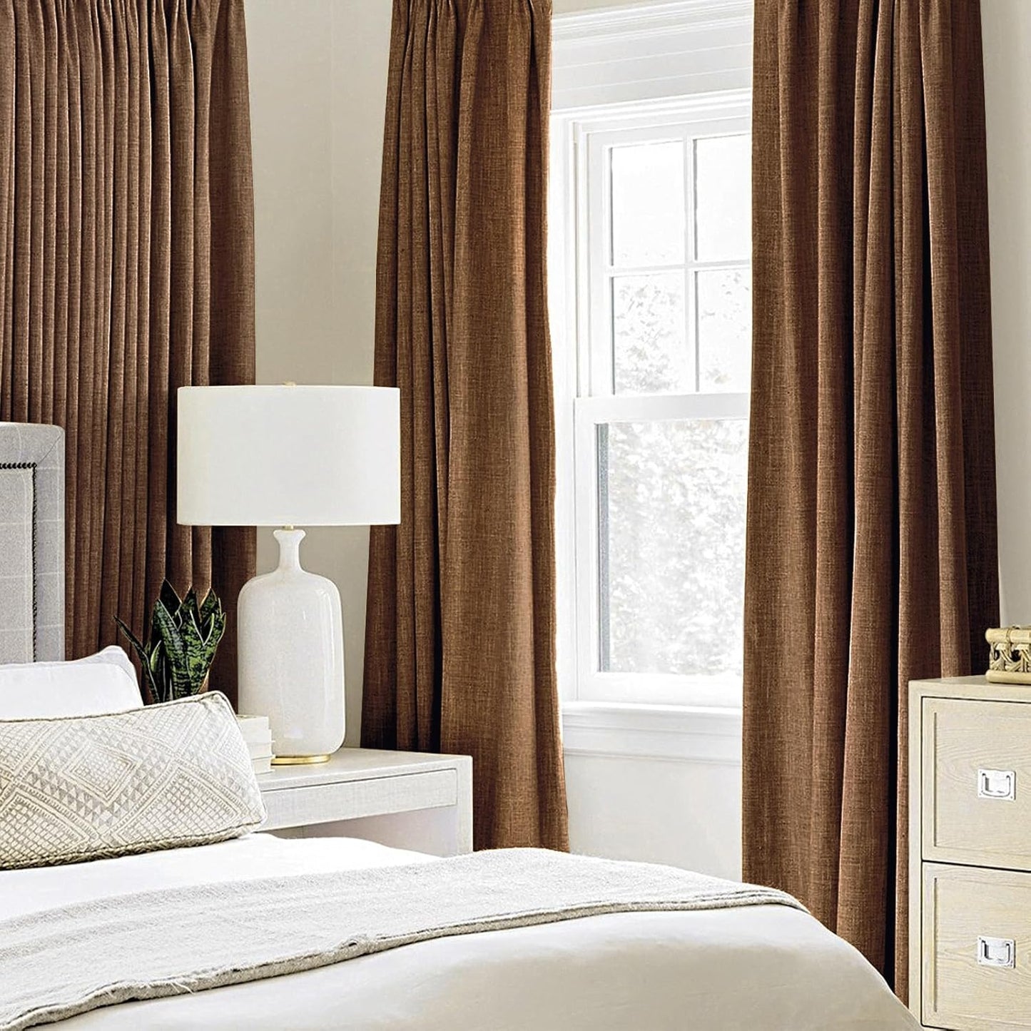 MIULEE Linen Curtains - 100% Blackout Thermal Insulated Drapes | Brown Grommet Room Darkening | 52 x 90 Inch (2 Panels)