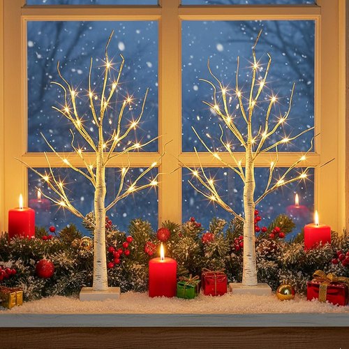 EAMBRITE Lighted Birch Tree - 24 LED Mini Tabletop Easter Decorations | 2FT Battery Operated White Trees