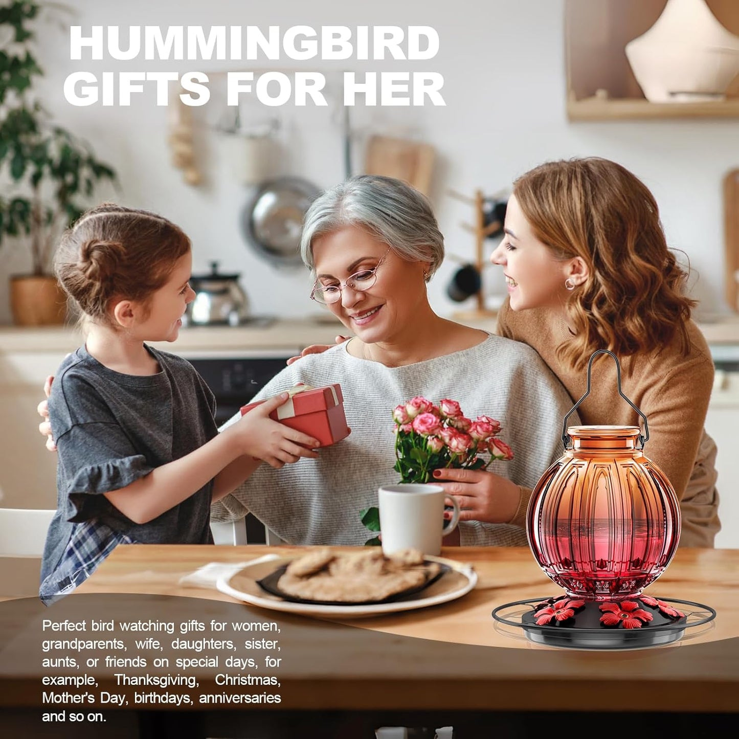 Skiennix Glass Hummingbird Feeder - 26Oz Leak-Proof Outdoor Nectar Feeder with 5 Flower Ports | Clear & Red