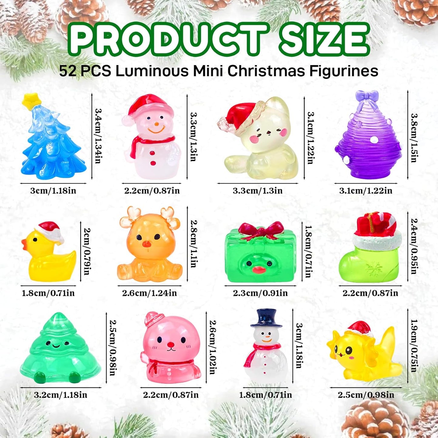 Skiennix 52 Pcs Luminous Mini Christmas Figurines - Glow in The Dark Resin Snowman Set for Holiday Decor