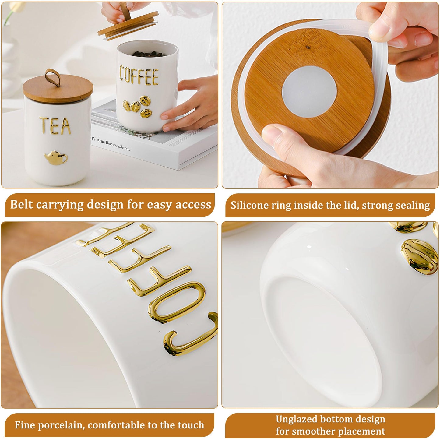 Simcat 27oz Ceramic Canister Set with Airtight Seal Bamboo Lid and Silicone Seal Damp-Proof Kitchen Jar Tea Coffee Sugar Canister Set Food Storage Containers (Portable sealed jar-(coffee))