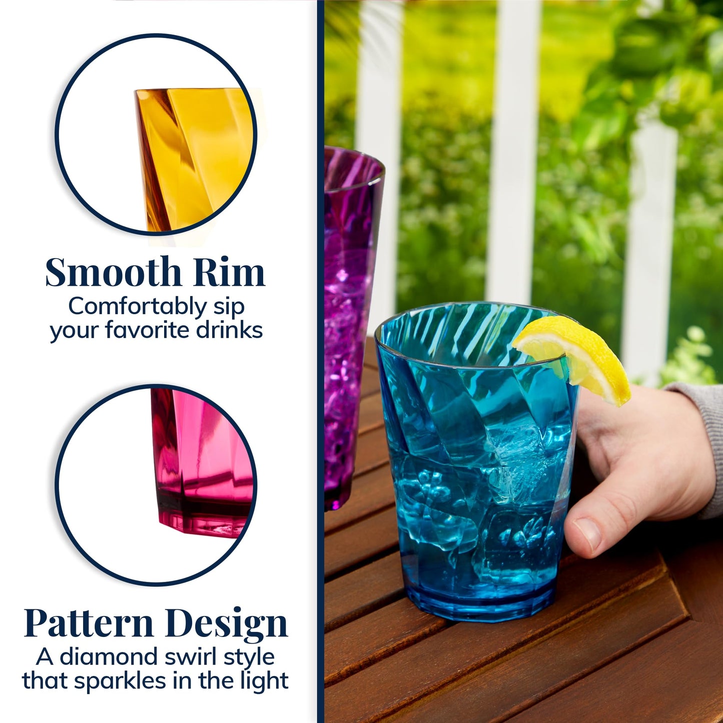 US Acrylic Optix Plastic Reusable Drinking Glasses (Set of 16) 14oz Rocks & 20oz Water Cups in Jewel Tone Colors | BPA-Free Tumblers, Made in USA | Top-Rack Dishwasher Safe
