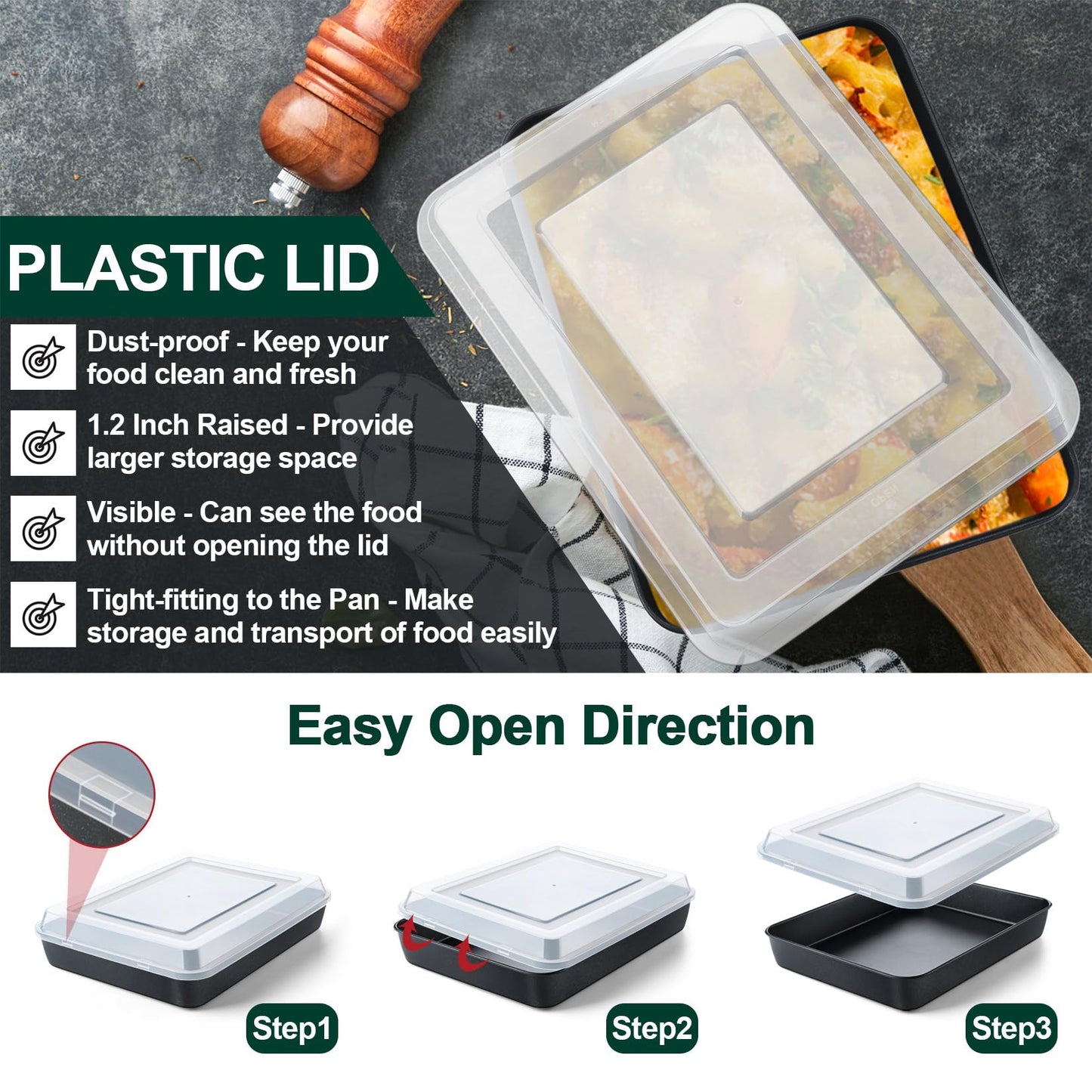 P&P CHEF Toaster Oven Pan with Lid, Nonstick Cake Lasagna Pan Rectangular Tray for Baking Roasting Storing, Stainless Steel Core & Plastic Cover, Oven & Freezer Safe, (9.4 Inch, 2Pcs)