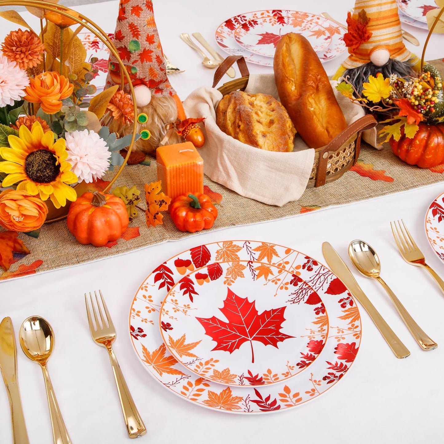 Liacere 150PCS Thanksgiving Plastic Plates- Include 30 Dinner Plates, 30 Dessert Plate,30 Forks, 30 Gold Spoons, 30 Gold Knives Perfect for Thanksgiving＆ Fall Plates