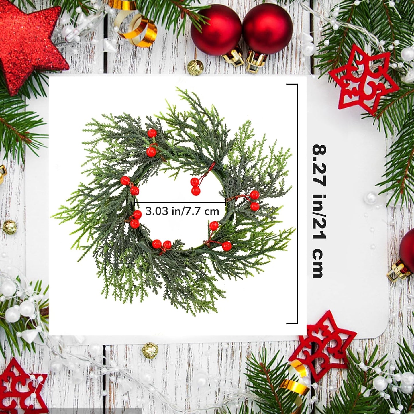 Skiennix Christmas Candle Rings - 4 PCS Artificial Berries & Pine Needles Wreaths for Home Decor