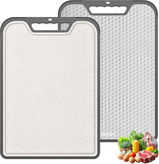 SUS304 Stainless Steel & Wheat Straw Cutting Board - 2-in-1 Double Sided, Non-Slip | 16"x11" Dishwasher Safe