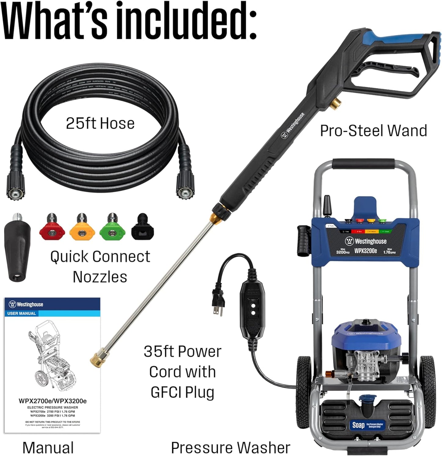 Westinghouse WPX3200E Electric Pressure Washer - 3200 Max PSI, Onboard Soap Tank & 5 Nozzle Set