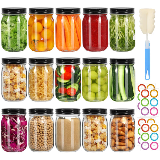 Mcupper Mason Jars 16 oz with Black Lids, 15 Pack Canning Jars, Clear Regular Mouth Glass Jars for Canning and Fermenting, Labels & Brusher Included - Microwave & Dishwasher Safe