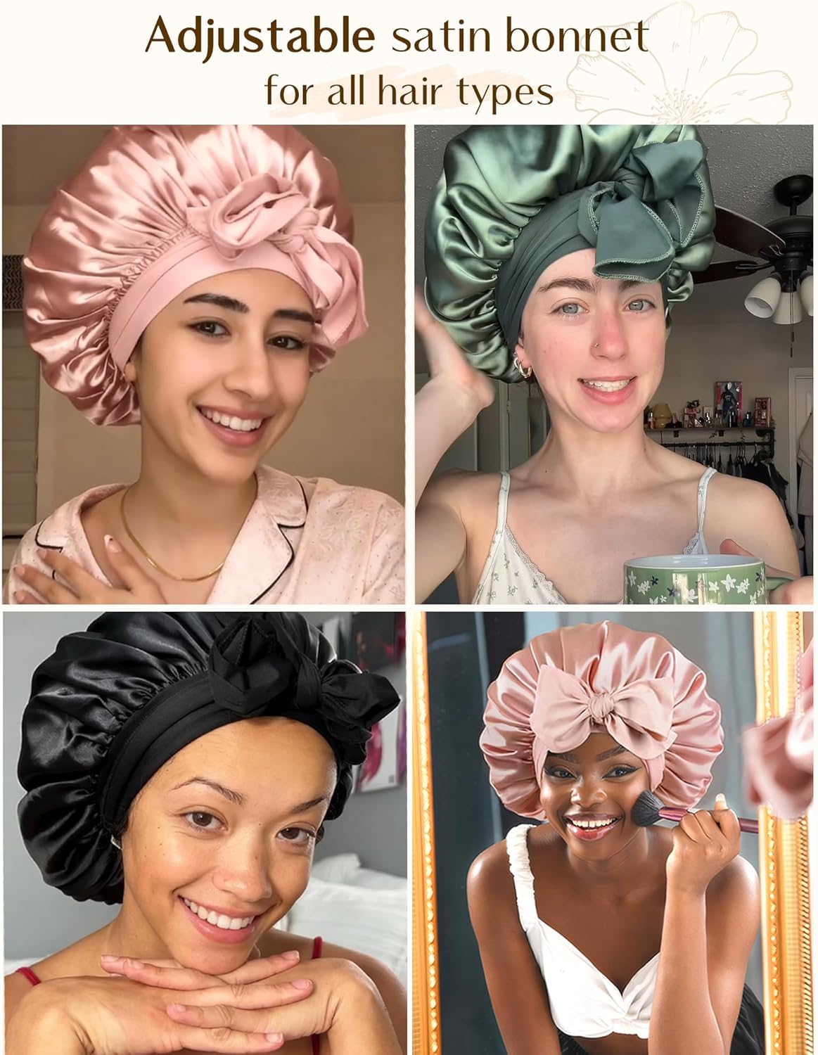 YANIBEST Adjustable Satin Bonnet - Double Layer Hair Wrap for Reducing Friction & Preventing Frizz