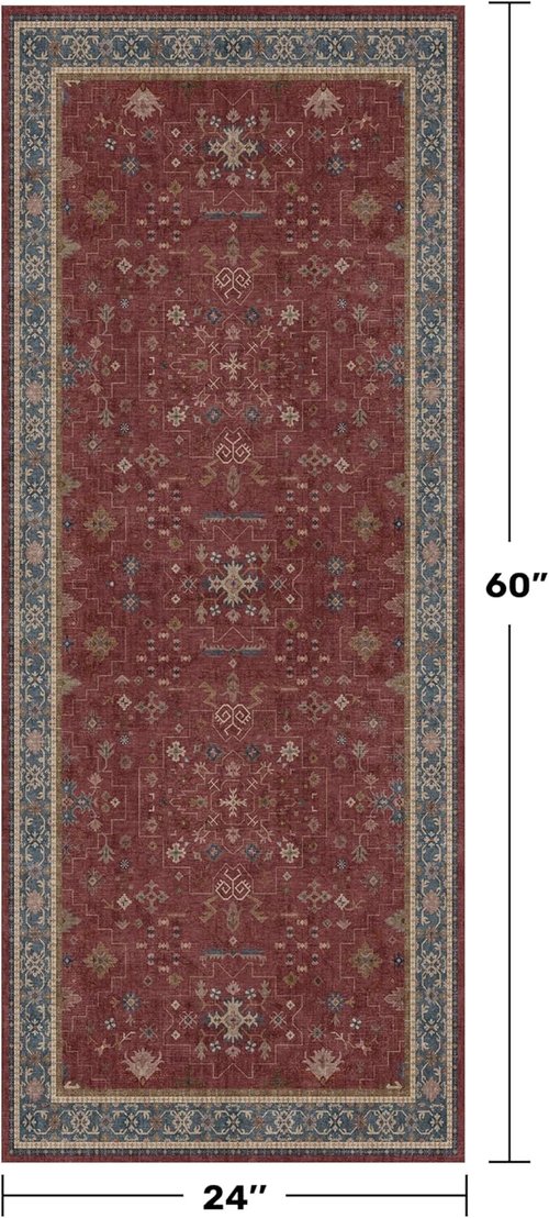 Boho 2x5 Non-Slip Kitchen Runner Rug - Washable Soft Floral Area Rug for Bedroom, Bathroom & Hallway (Dark Red)