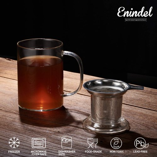 Enindel 3020.05 Glass Tea Mug with Infuser and Lid, Tea Cup, Clear, 20 OZ, GM005