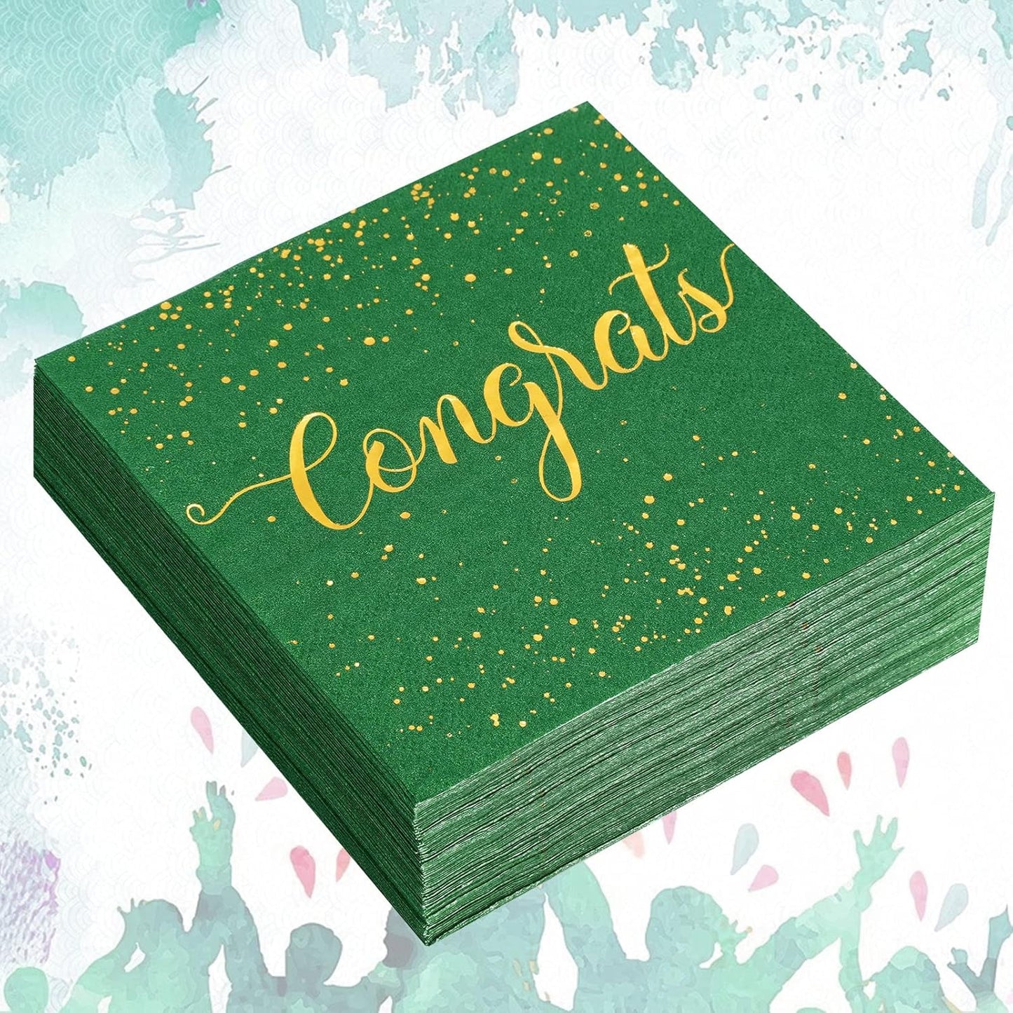 Whaline Graduation Cocktail Napkins - 80 Pack Green & Gold Foil Congrats Design | Disposable Beverage & Dessert Napkins for Grad Party Decor