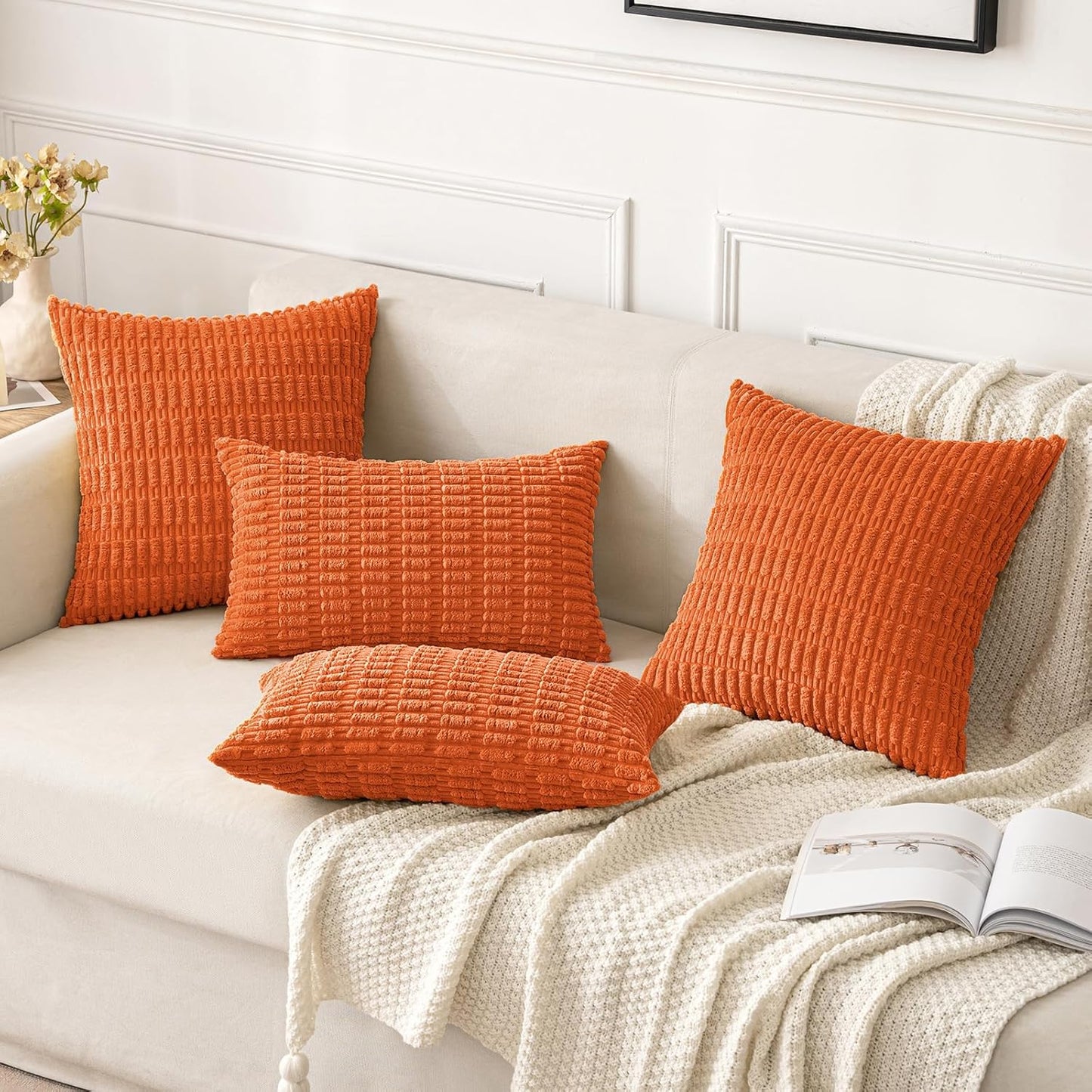 MIULEE Decorative Pillow Covers - Pack of 2 Orange Corduroy, 18x18 Inch Soft Boho Striped | Modern Farmhouse Decor