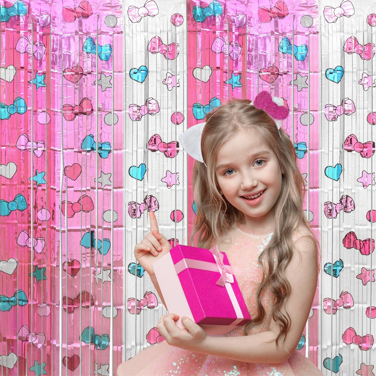 Bupelo Kawaii Birthday Decorations, 2 Pack Cartoon Cat Theme Party Supplies, 3.3 x 6.6ft Tinsel Foil Fringe Curtains, Bow Photo Booth Props, Backdrop Streamers, Perfect Room & Doorway Decor for Girls