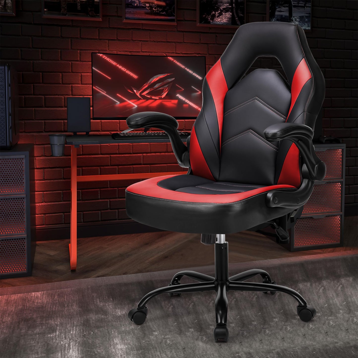 OLIXIS PU Leather Height Adjustable Computer Chair - Big and Tall Ergonomic Comfy Back Support Gaming Chair with Flip-up Armrest and 360° Swivel Wheels, for Home and Office, Red