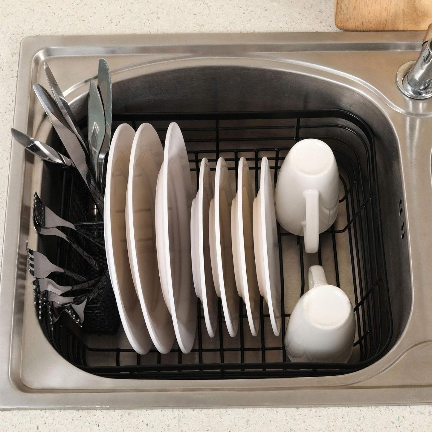 TQVAI Kitchen Dish Drainer Rack - Includes Drying Board & Full-Mesh Utensils Holder | Black