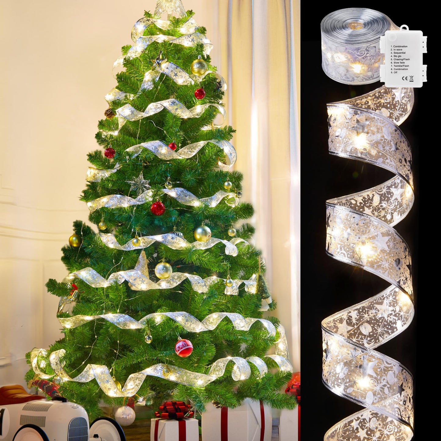 Minetom Christmas Tree Ribbon String Lights - 33ft 100 LED Battery Powered Fairy Lights with Timer