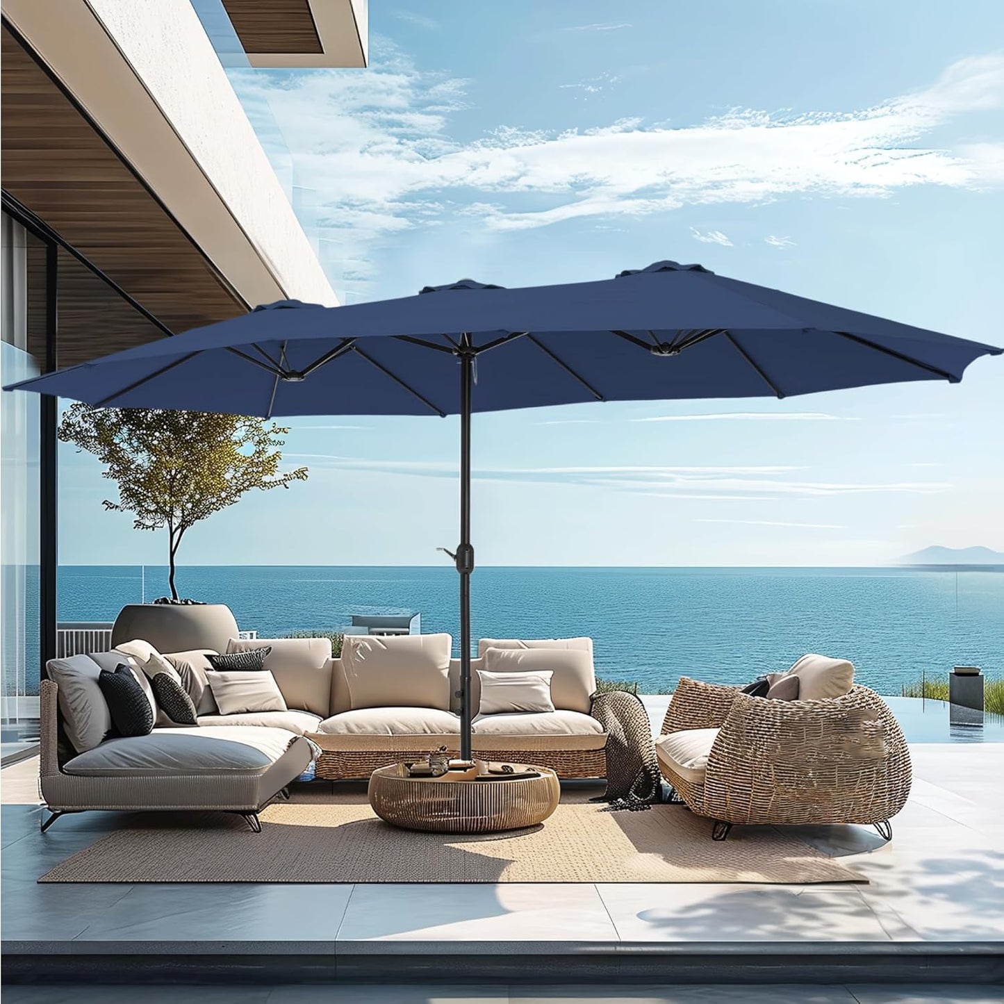 PHI VILLA 15ft Double-Sided Patio Umbrella - Navy Blue Market Umbrella with Base & Crank Handle for Outdoor Use
