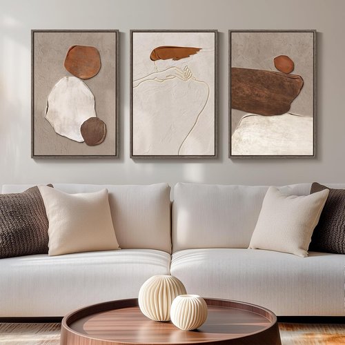Framed Neutral Abstract Wall Art - 3 Piece Earth Tones Canvas Prints for Living Room | 16x24 Inch