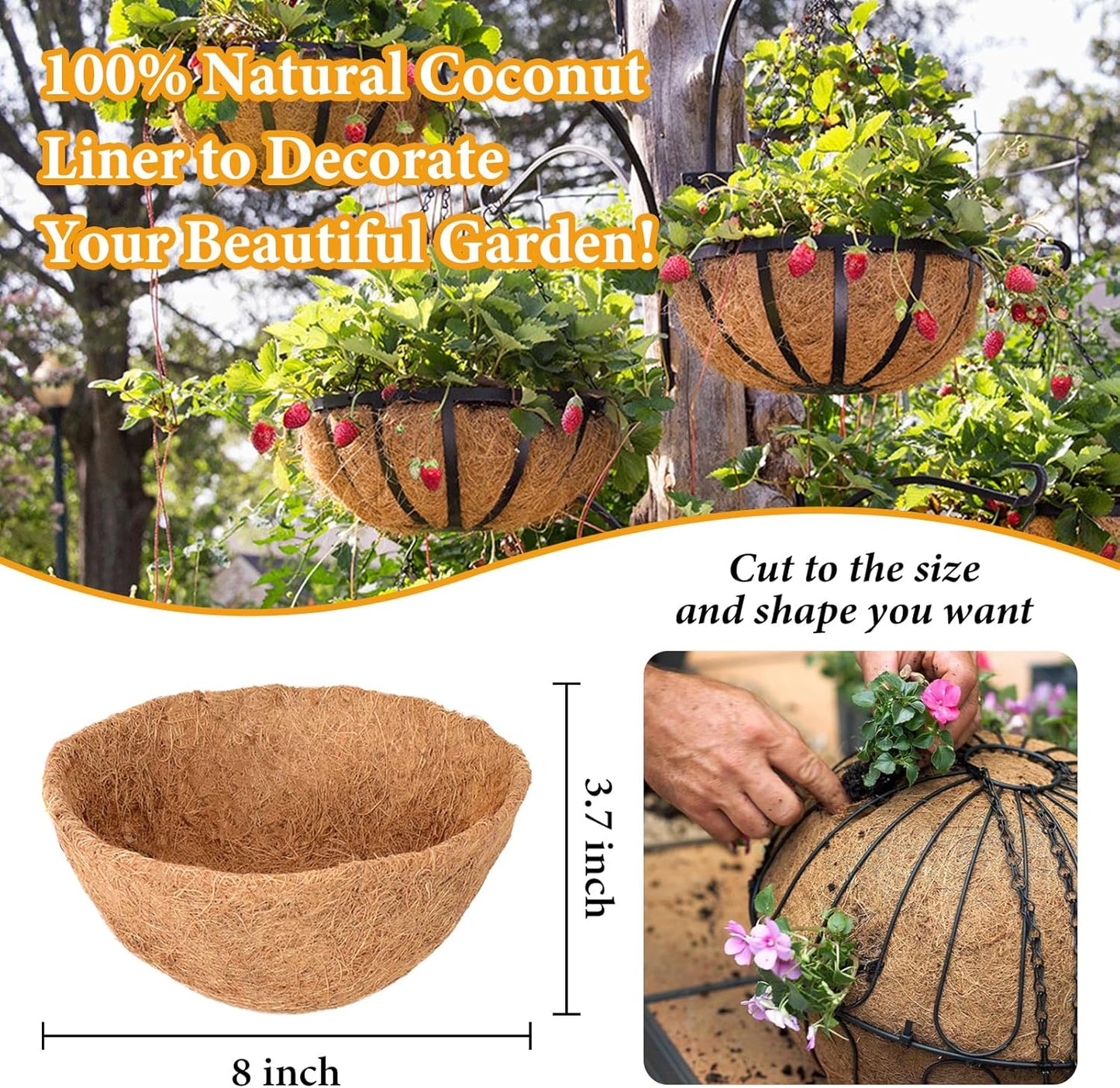 Legigo 8-Inch Coco Fiber Hanging Basket Liners - 4 Pack of 100% Natural Round Planter Inserts