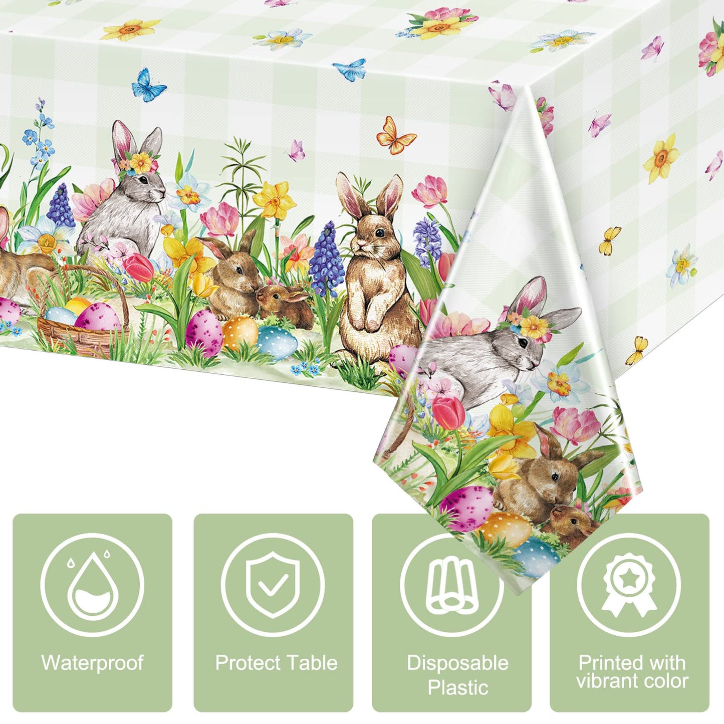 Riakrum 3 Pcs Easter Tablecloth Rectangle Plastic Bunny Eggs Table Cover Floral Table Cloth for Happy Easter Spring Holiday Party Decoration and Supplies, 54 x 108 Inch (Floral Bunny)