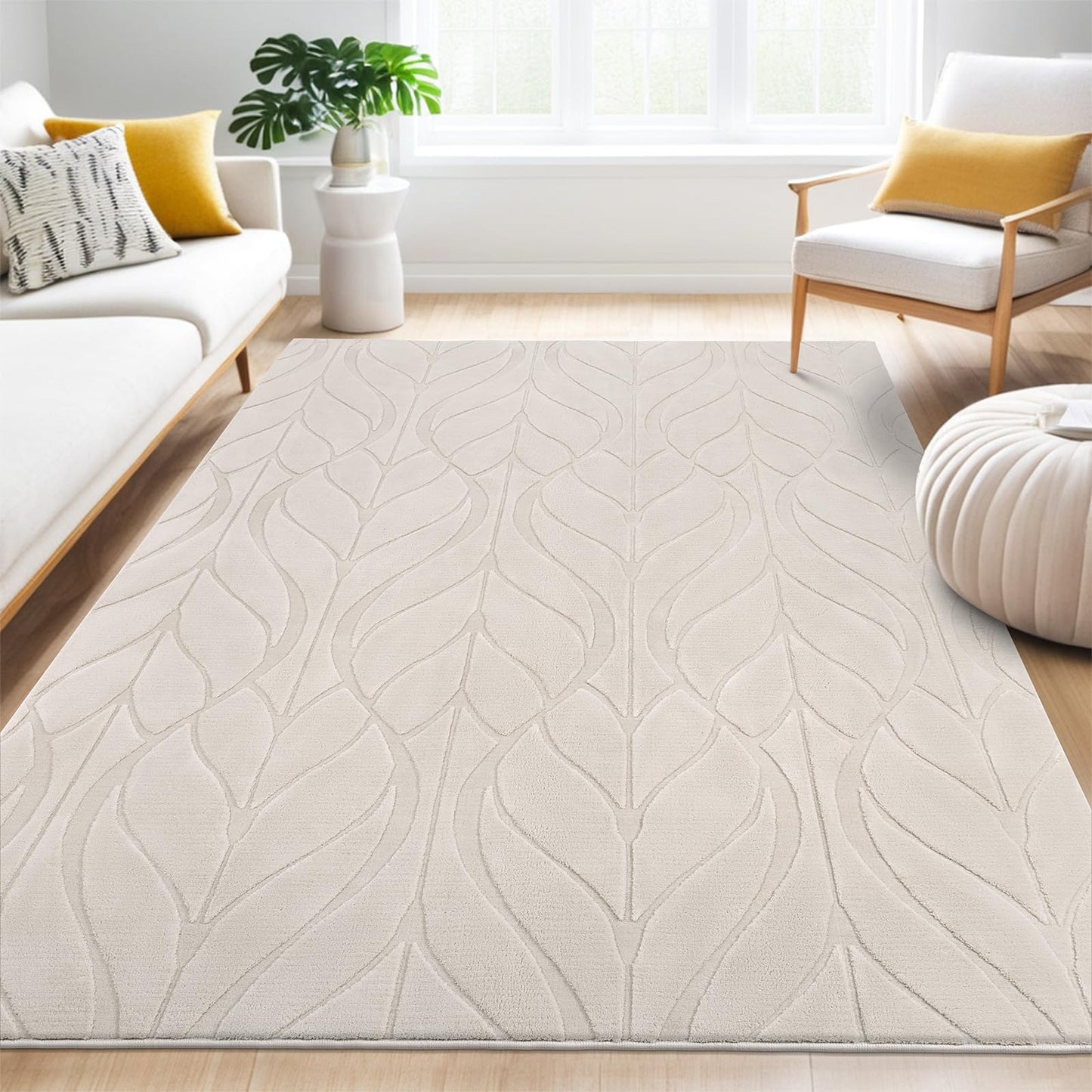 SHACOS Soft Area Rug for Living Room 6x9, Washable Non Slip Bedroom Rug Beige, Fluffy Large Rugs Carpet for Floor Living Room Kids Nursery Room, Home Decor Aesthetic - Leaf Pattern Design