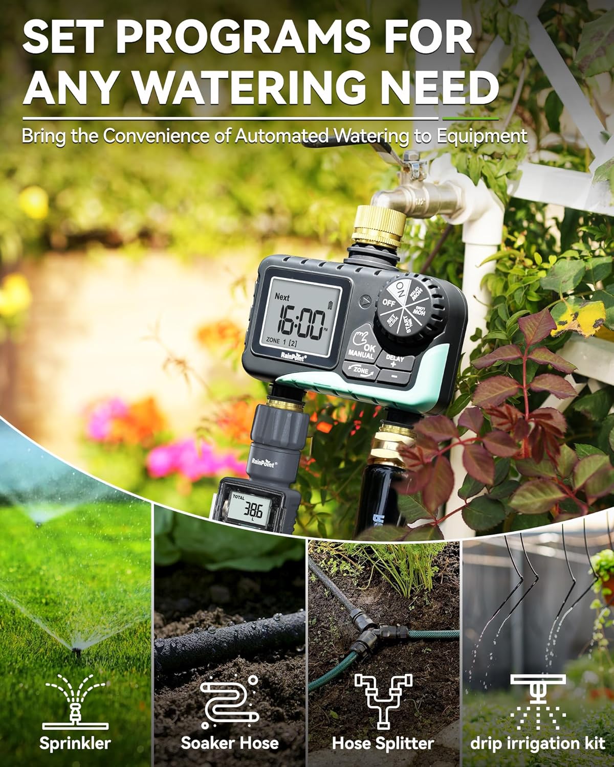 RAINPOINT 2-Zone Sprinkler Timer - Brass Inlet/Outlet for Automatic Irrigation System | Garden Hose Water Timer (Blue)